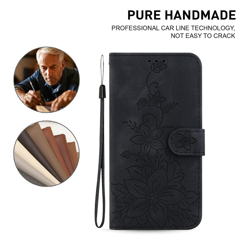 For Samsung Galaxy A27 5G Stand Case Lily Flower Imprint Leather Phone Cover with Wrist Strap