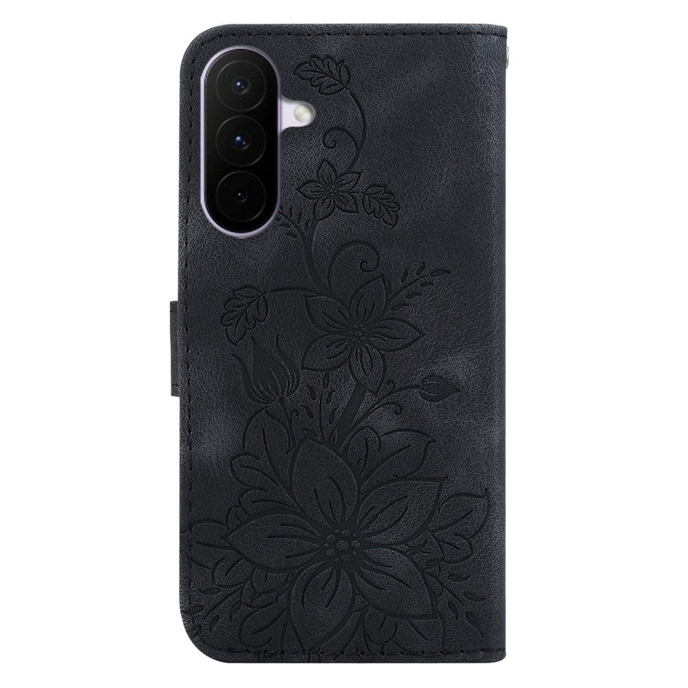 For Samsung Galaxy A27 5G Stand Case Lily Flower Imprint Leather Phone Cover with Wrist Strap