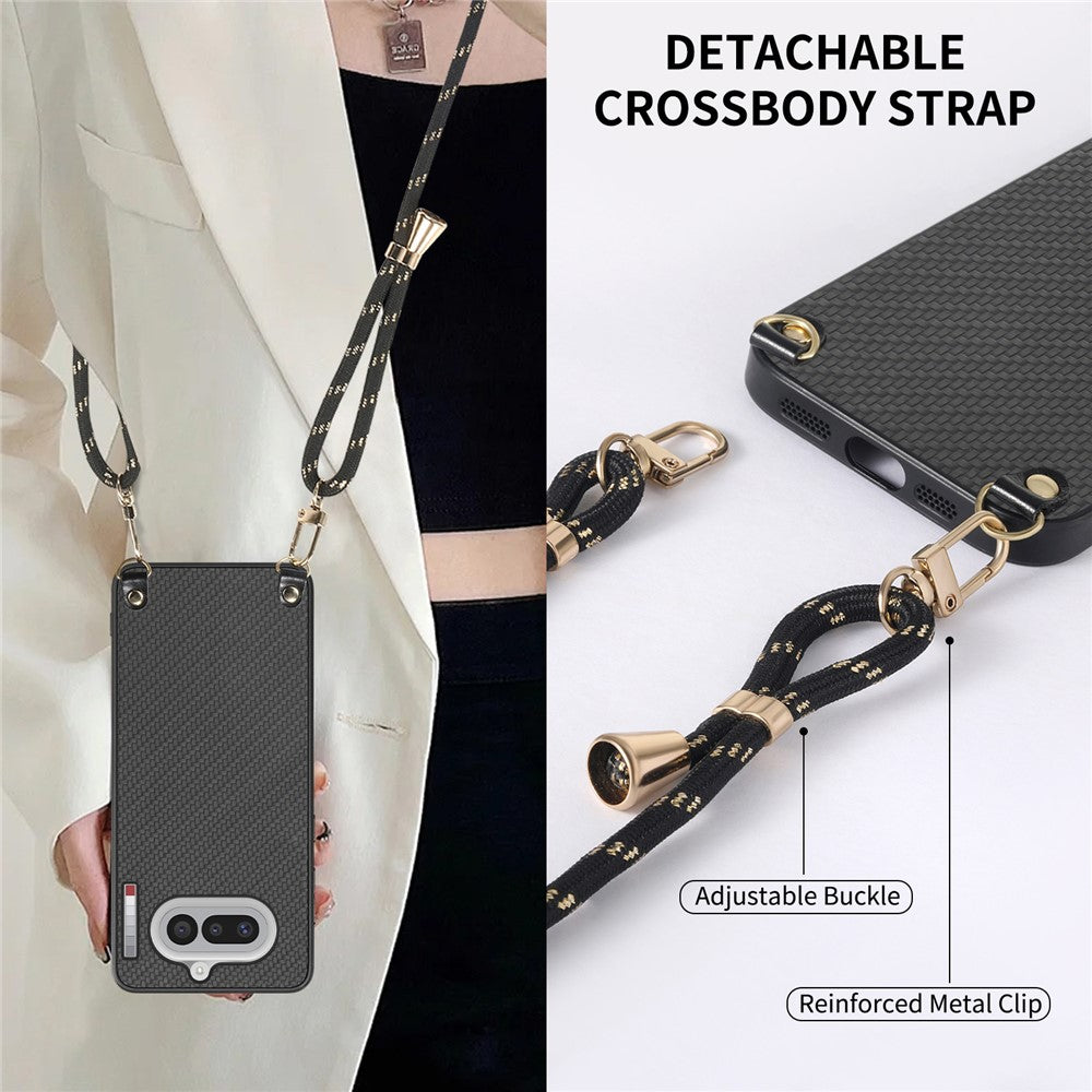 For Nothing Phone (4a) Case Carbon Fiber Texture Hybrid Phone Back Cover with Adjustable Strap