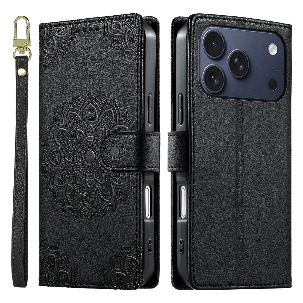 For iPhone 18 Pro / 17 Pro Case Embossed Totem Leather Flip Wallet Phone Cover with Wrist Strap