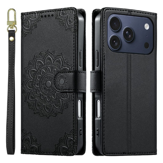 For iPhone 18 Pro / 17 Pro Case Embossed Totem Leather Flip Wallet Phone Cover with Wrist Strap