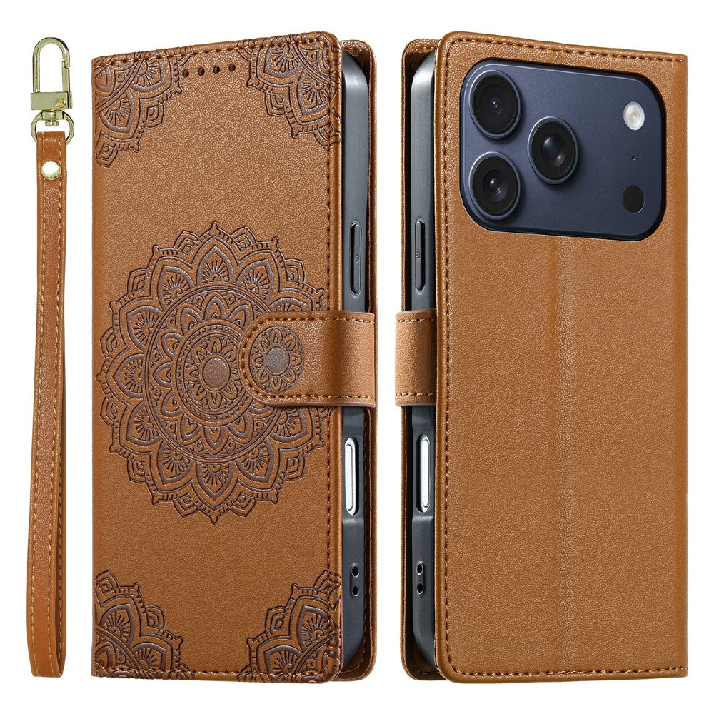 For iPhone 18 Pro / 17 Pro Case Embossed Totem Leather Flip Wallet Phone Cover with Wrist Strap