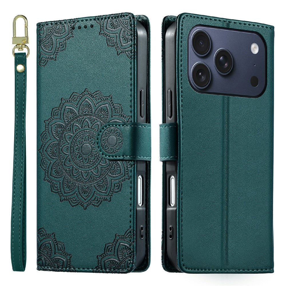 For iPhone 18 Pro / 17 Pro Case Embossed Totem Leather Flip Wallet Phone Cover with Wrist Strap