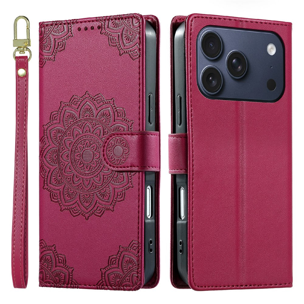 For iPhone 18 Pro / 17 Pro Case Embossed Totem Leather Flip Wallet Phone Cover with Wrist Strap