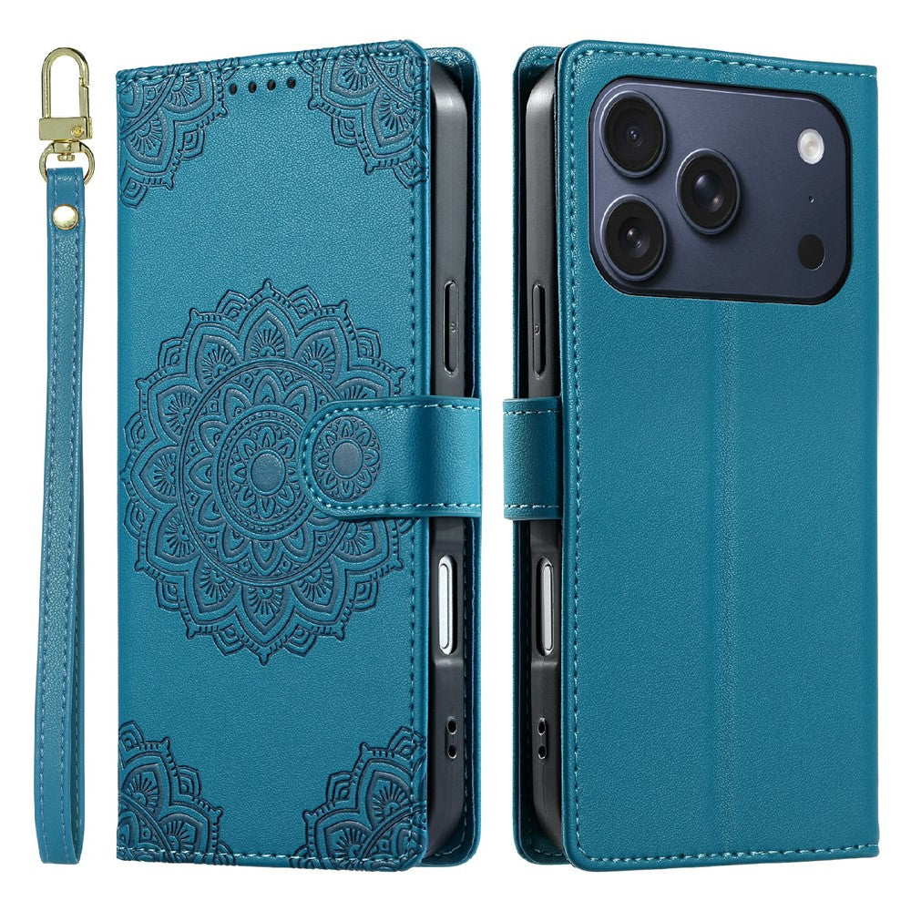 For iPhone 18 Pro / 17 Pro Case Embossed Totem Leather Flip Wallet Phone Cover with Wrist Strap