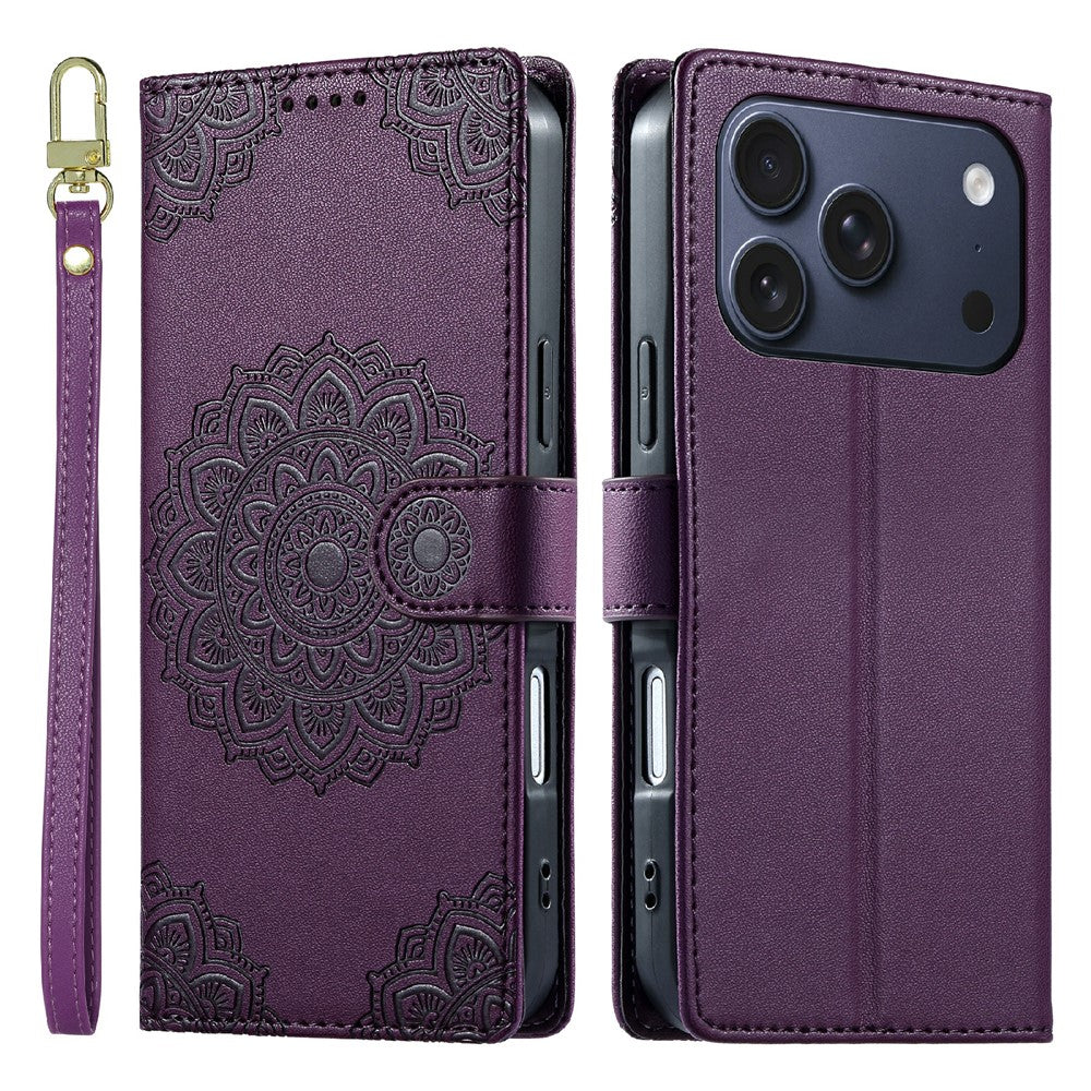 For iPhone 18 Pro / 17 Pro Case Embossed Totem Leather Flip Wallet Phone Cover with Wrist Strap