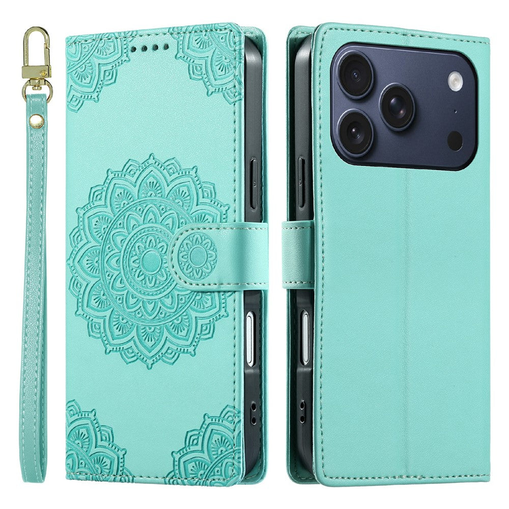 For iPhone 18 Pro / 17 Pro Case Embossed Totem Leather Flip Wallet Phone Cover with Wrist Strap