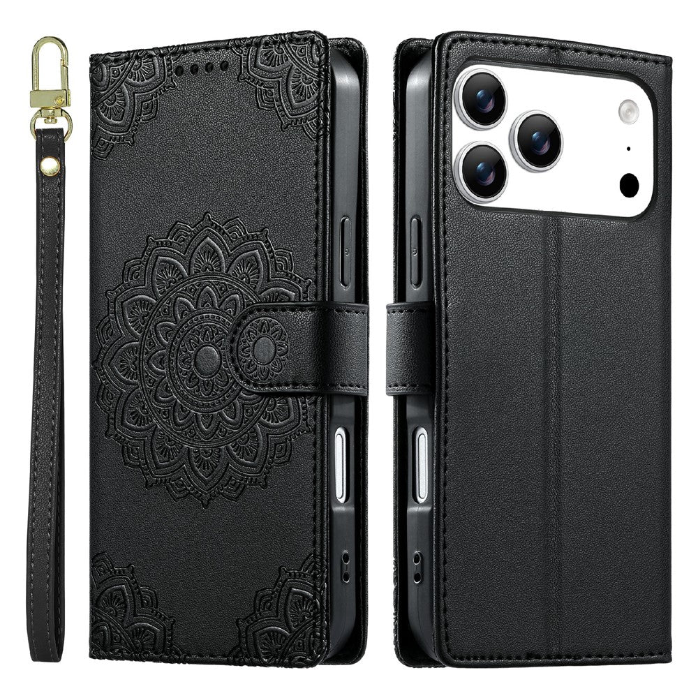 For iPhone 18 Pro Max / 17 Pro Max Case Embossed Totem Leather Flip Wallet Phone Cover with Wrist Strap