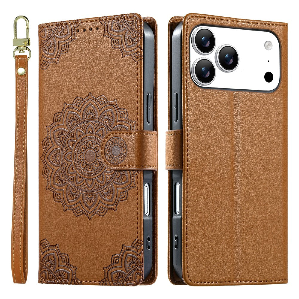 For iPhone 18 Pro Max / 17 Pro Max Case Embossed Totem Leather Flip Wallet Phone Cover with Wrist Strap