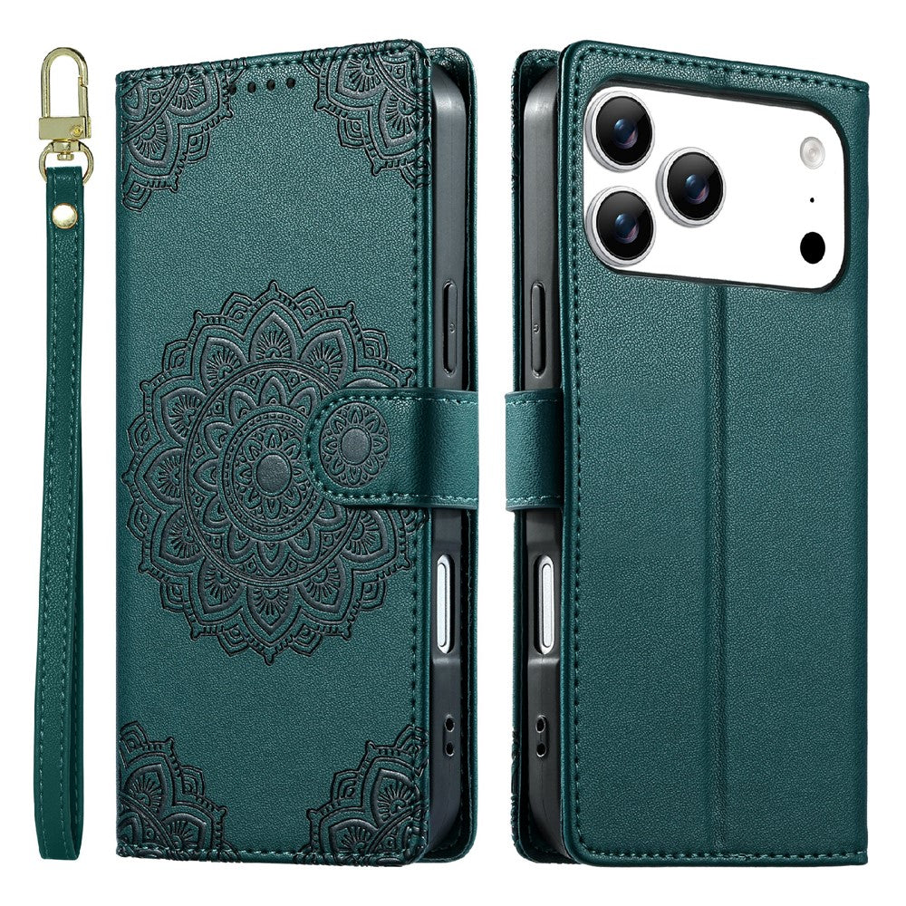 For iPhone 18 Pro Max / 17 Pro Max Case Embossed Totem Leather Flip Wallet Phone Cover with Wrist Strap