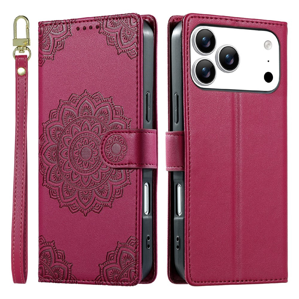 For iPhone 18 Pro Max / 17 Pro Max Case Embossed Totem Leather Flip Wallet Phone Cover with Wrist Strap