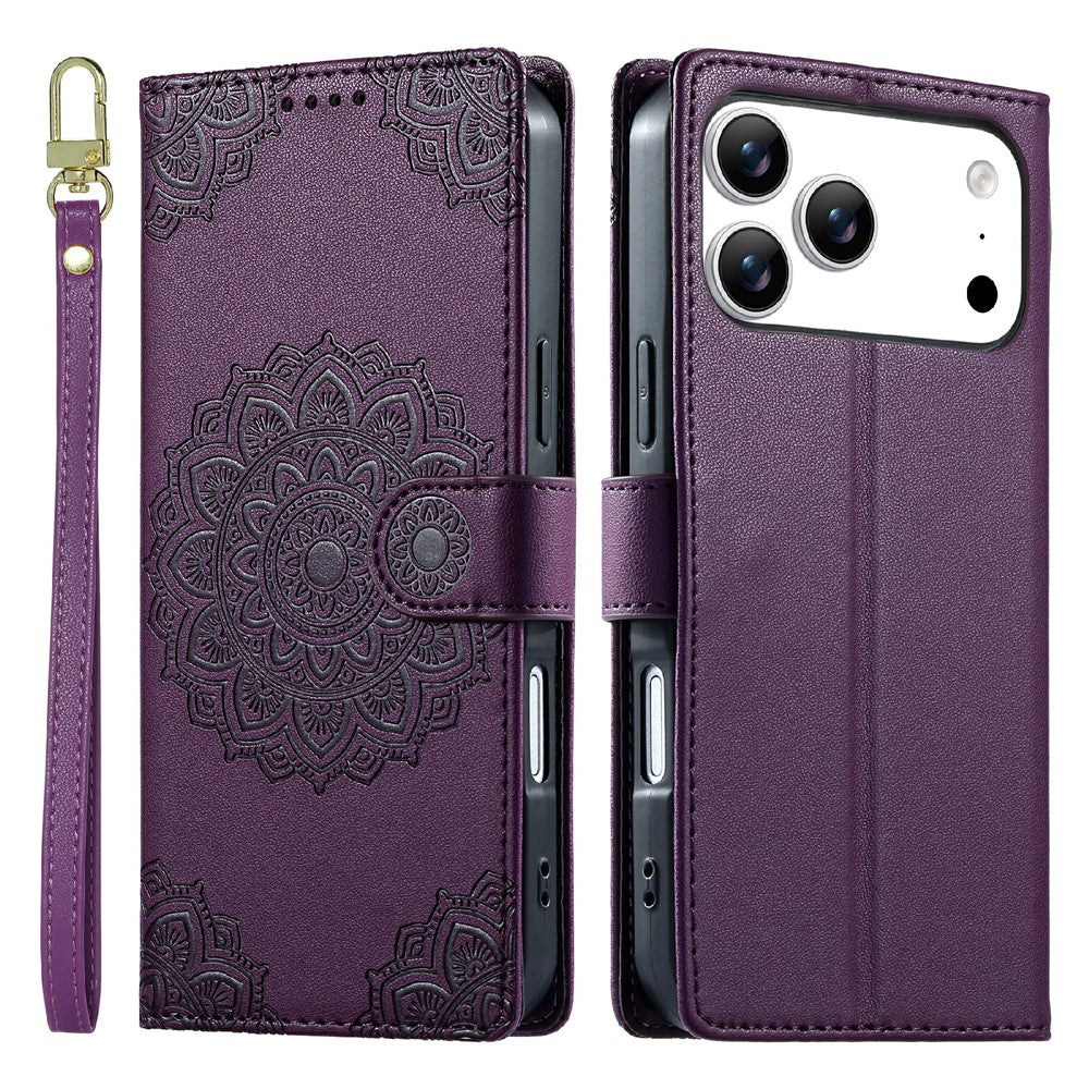 For iPhone 18 Pro Max / 17 Pro Max Case Embossed Totem Leather Flip Wallet Phone Cover with Wrist Strap