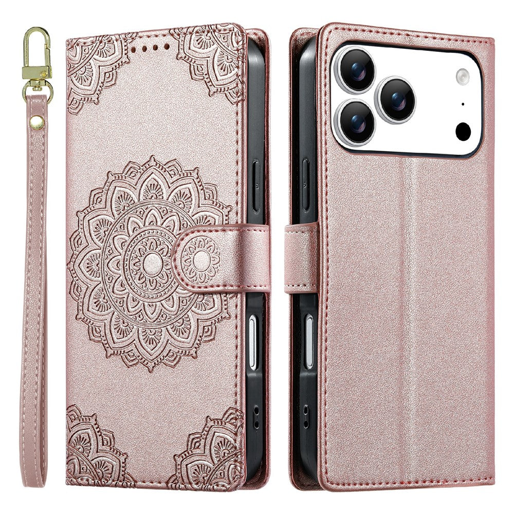 For iPhone 18 Pro Max / 17 Pro Max Case Embossed Totem Leather Flip Wallet Phone Cover with Wrist Strap