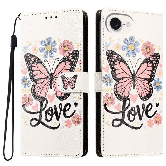 For iPhone 16e / iPhone 17e Case Pattern Printed PU Leather Flip Wallet Phone Cover with Wrist Strap