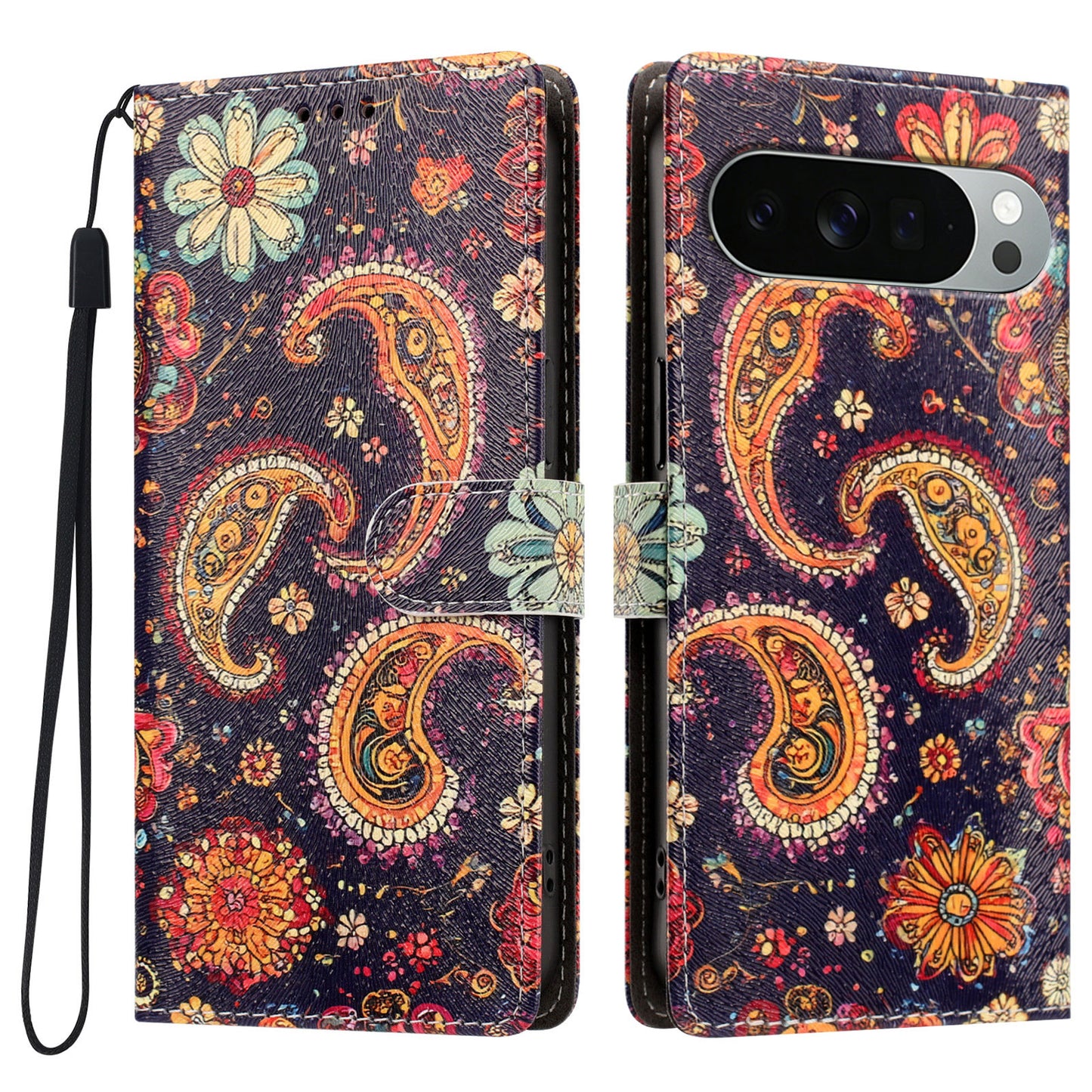 For Google Pixel 11 Pro XL Case Pattern Printed PU Leather Flip Wallet Phone Cover with Wrist Strap