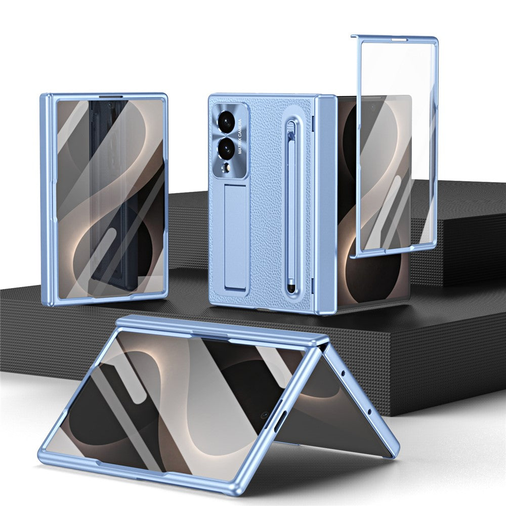 For Samsung Galaxy Z Fold8 Case Kickstand Leather PC Phone Cover with Tempered Glass Film with Stylus