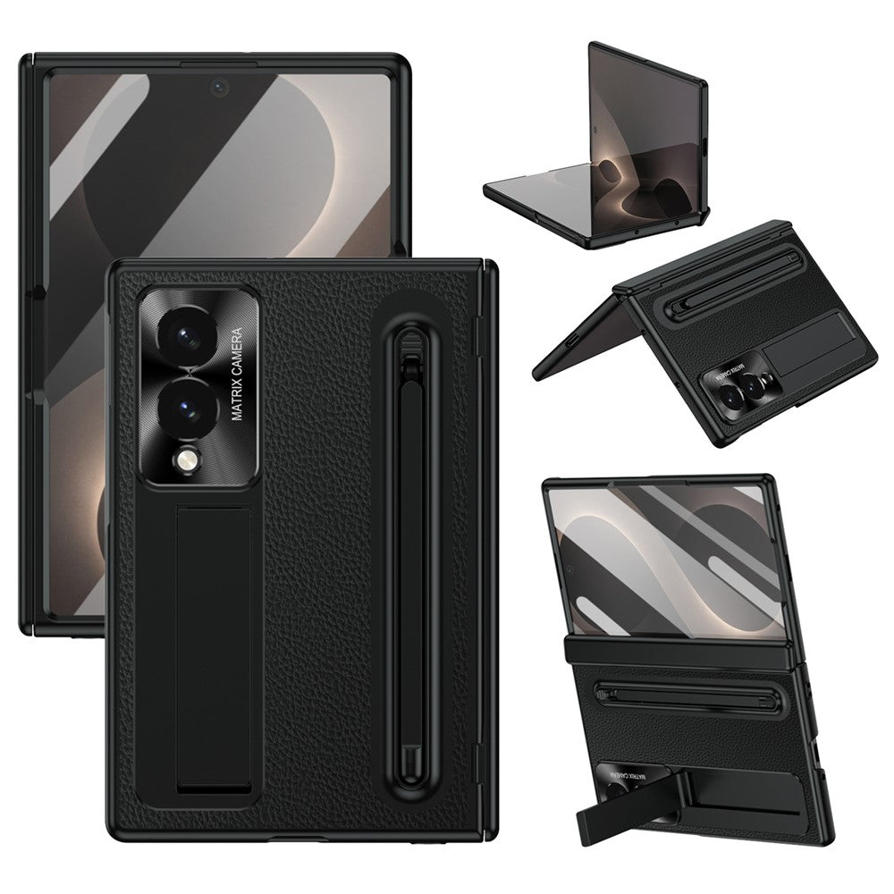 For Samsung Galaxy Z Fold8 Case Kickstand Leather PC Phone Cover with Tempered Glass Film with Stylus