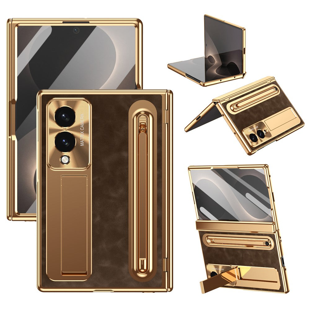For Samsung Galaxy Z Fold8 Case Kickstand Leather PC Phone Cover with Tempered Glass Film with Stylus