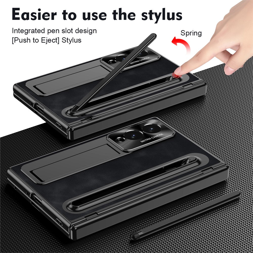 For Samsung Galaxy Z Fold8 Case Pen Slot Leather + PC Kickstand Phone Cover with Tempered Glass Film, Stylus
