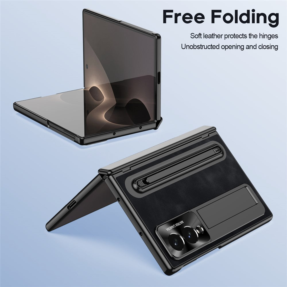 For Samsung Galaxy Z Fold8 Case Pen Slot Leather + PC Kickstand Phone Cover with Tempered Glass Film, Stylus