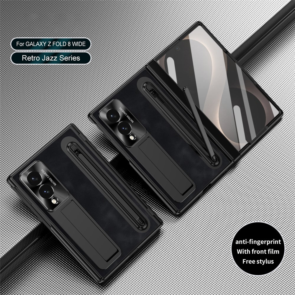 For Samsung Galaxy Z Fold8 Case Pen Slot Leather + PC Kickstand Phone Cover with Tempered Glass Film, Stylus