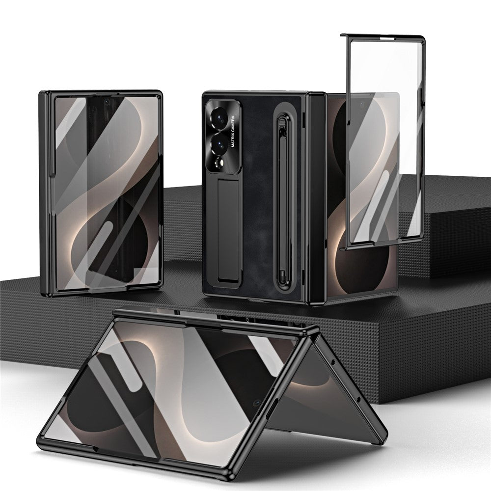 For Samsung Galaxy Z Fold8 Case Pen Slot Leather + PC Kickstand Phone Cover with Tempered Glass Film, Stylus