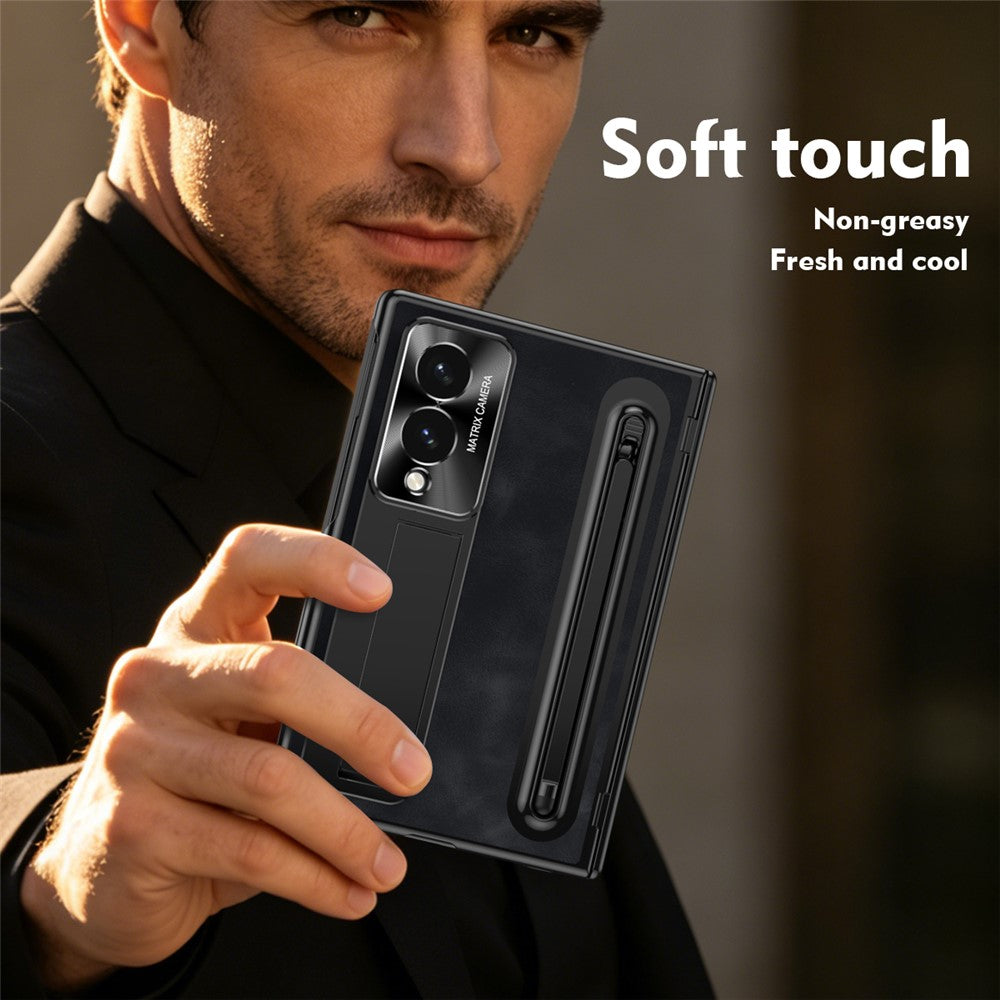 For Samsung Galaxy Z Fold8 Case Pen Slot Leather + PC Kickstand Phone Cover with Tempered Glass Film, Stylus