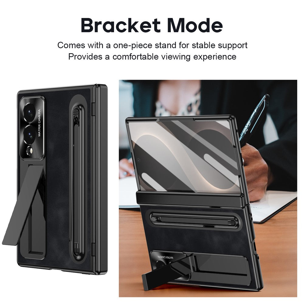 For Samsung Galaxy Z Fold8 Case Pen Slot Leather + PC Kickstand Phone Cover with Tempered Glass Film, Stylus