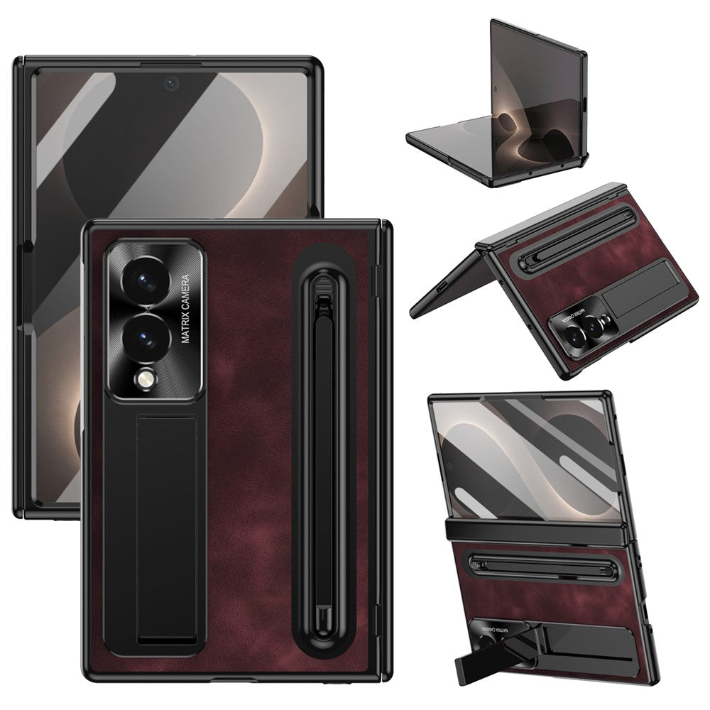 For Samsung Galaxy Z Fold8 Case Pen Slot Leather + PC Kickstand Phone Cover with Tempered Glass Film, Stylus