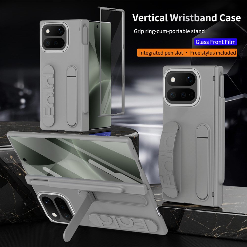 For Google Pixel 11 Pro Fold Case Kickstand Wristband Hard PC Phone Cover with Tempered Glass  /  Stylus