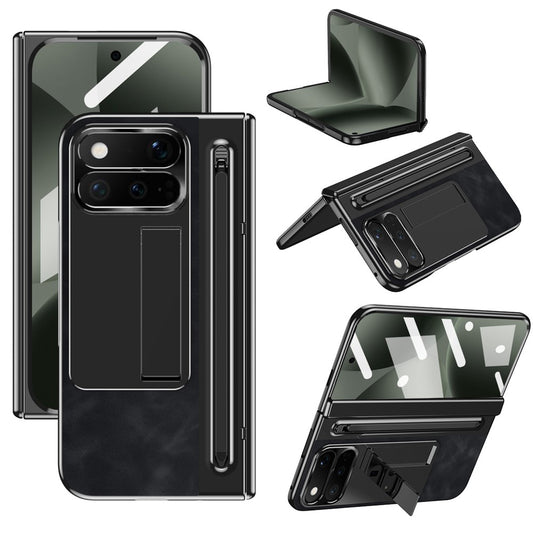 Google Pixel 11 Pro Fold Handyhülle – Stiftschlitz, Leder + PC-Ständer, mit gehärtetem Glasfilm, Eingabestift