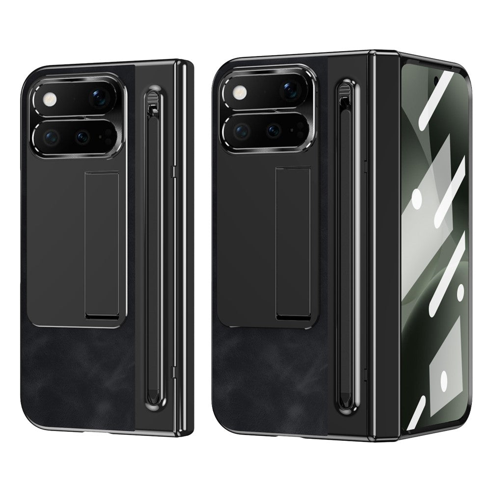 For Google Pixel 11 Pro Fold Case Pen Slot Leather + PC Kickstand Phone Cover with Tempered Glass Film, Stylus