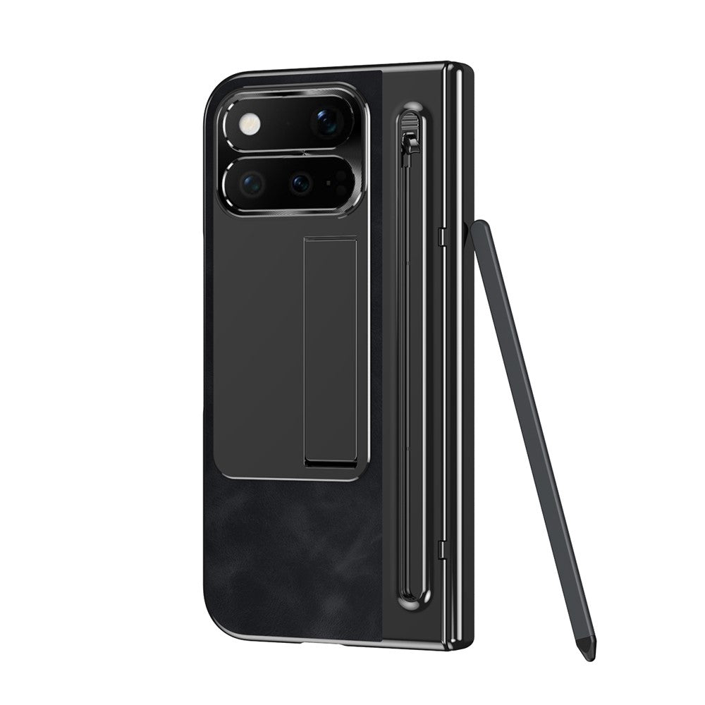For Google Pixel 11 Pro Fold Case Pen Slot Leather + PC Kickstand Phone Cover with Tempered Glass Film, Stylus