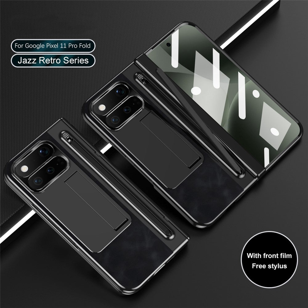 For Google Pixel 11 Pro Fold Case Pen Slot Leather + PC Kickstand Phone Cover with Tempered Glass Film, Stylus