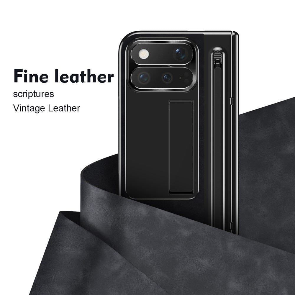For Google Pixel 11 Pro Fold Case Pen Slot Leather + PC Kickstand Phone Cover with Tempered Glass Film, Stylus