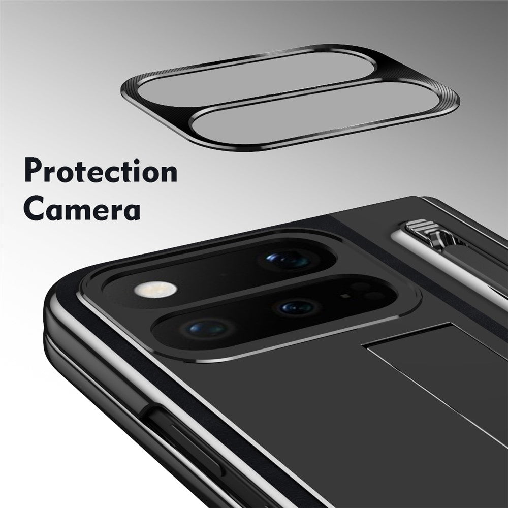 For Google Pixel 11 Pro Fold Case Pen Slot Leather + PC Kickstand Phone Cover with Tempered Glass Film, Stylus