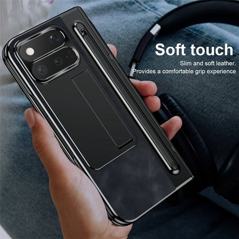 For Google Pixel 11 Pro Fold Case Pen Slot Leather + PC Kickstand Phone Cover with Tempered Glass Film, Stylus
