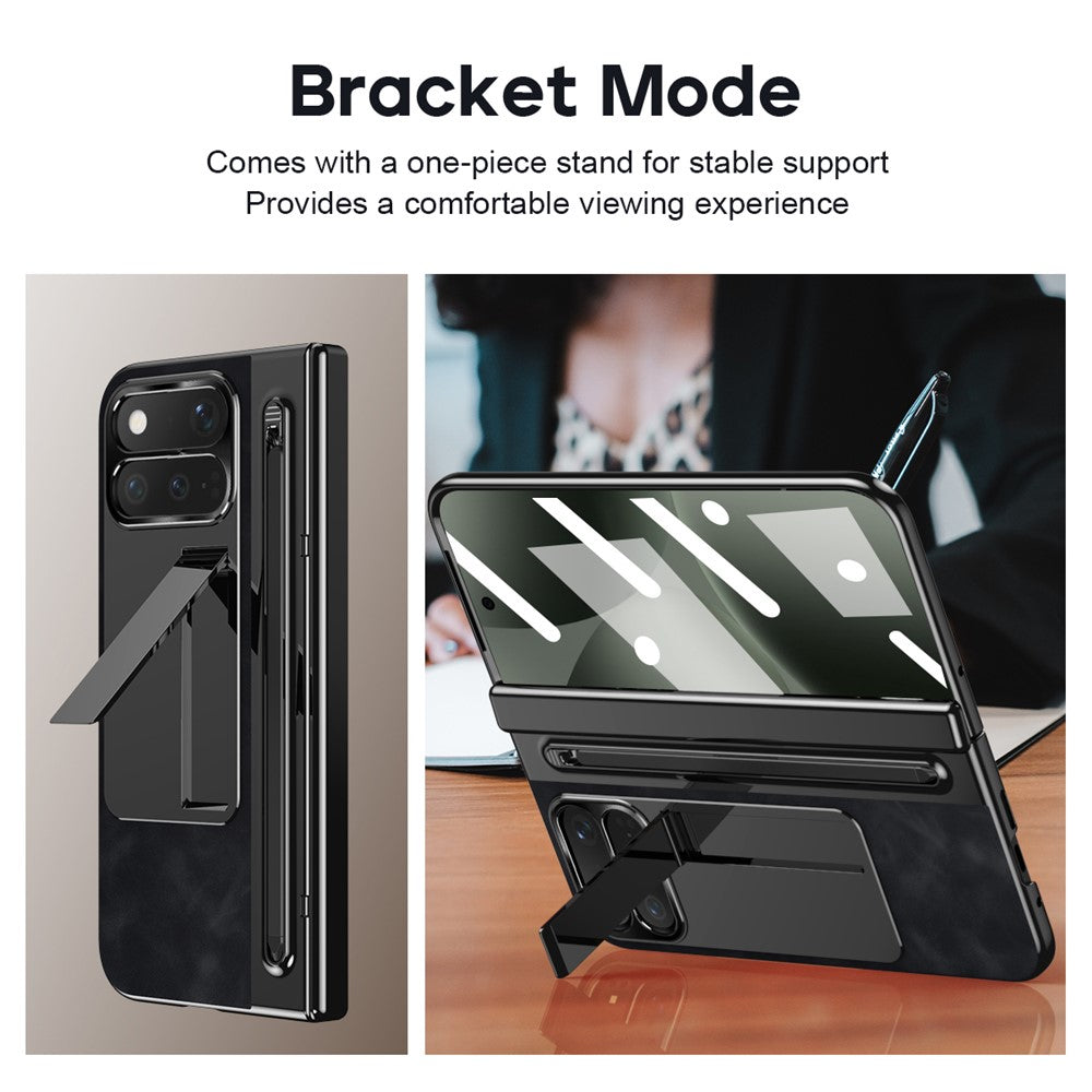 For Google Pixel 11 Pro Fold Case Pen Slot Leather + PC Kickstand Phone Cover with Tempered Glass Film, Stylus