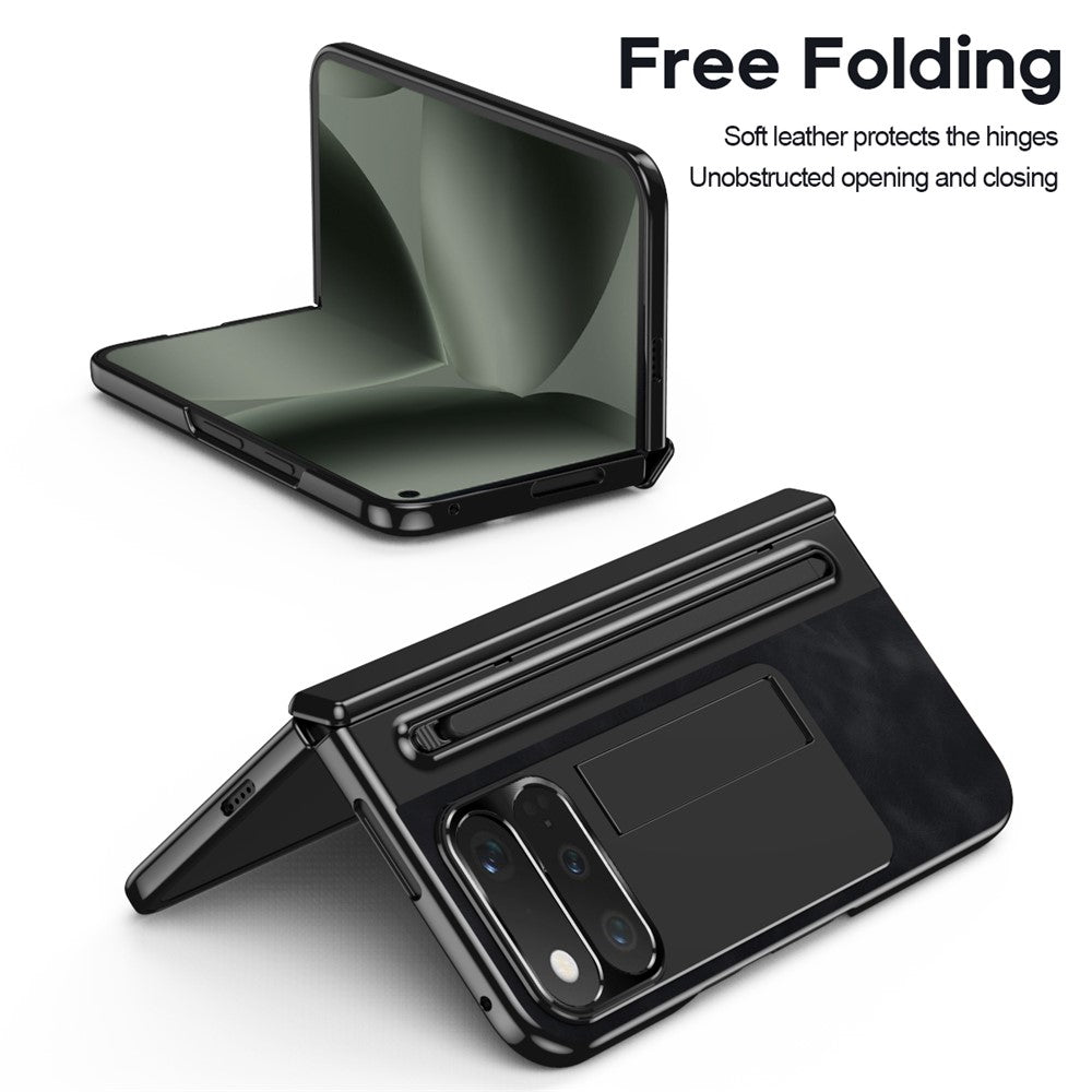 For Google Pixel 11 Pro Fold Case Pen Slot Leather + PC Kickstand Phone Cover with Tempered Glass Film, Stylus