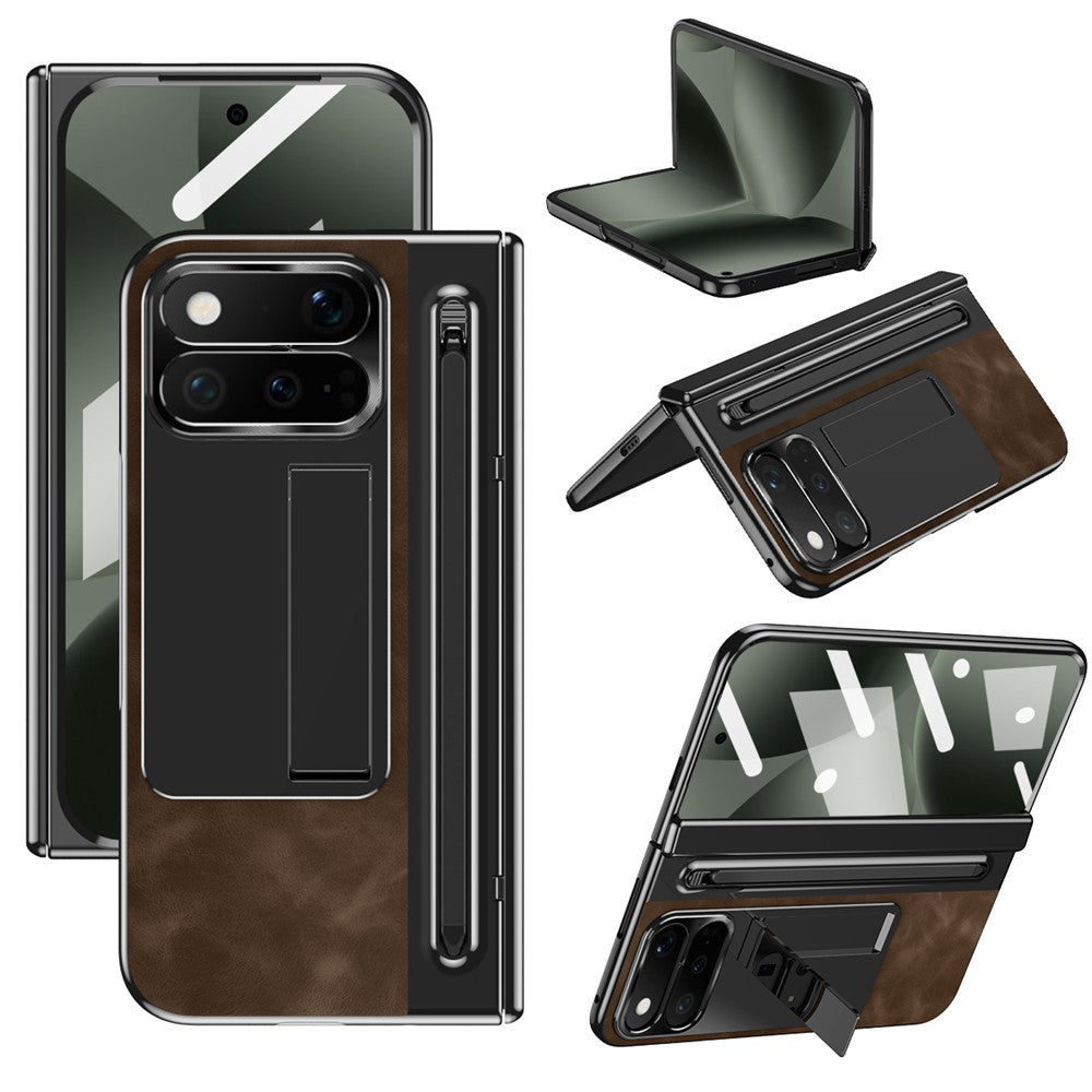 For Google Pixel 11 Pro Fold Case Pen Slot Leather + PC Kickstand Phone Cover with Tempered Glass Film, Stylus
