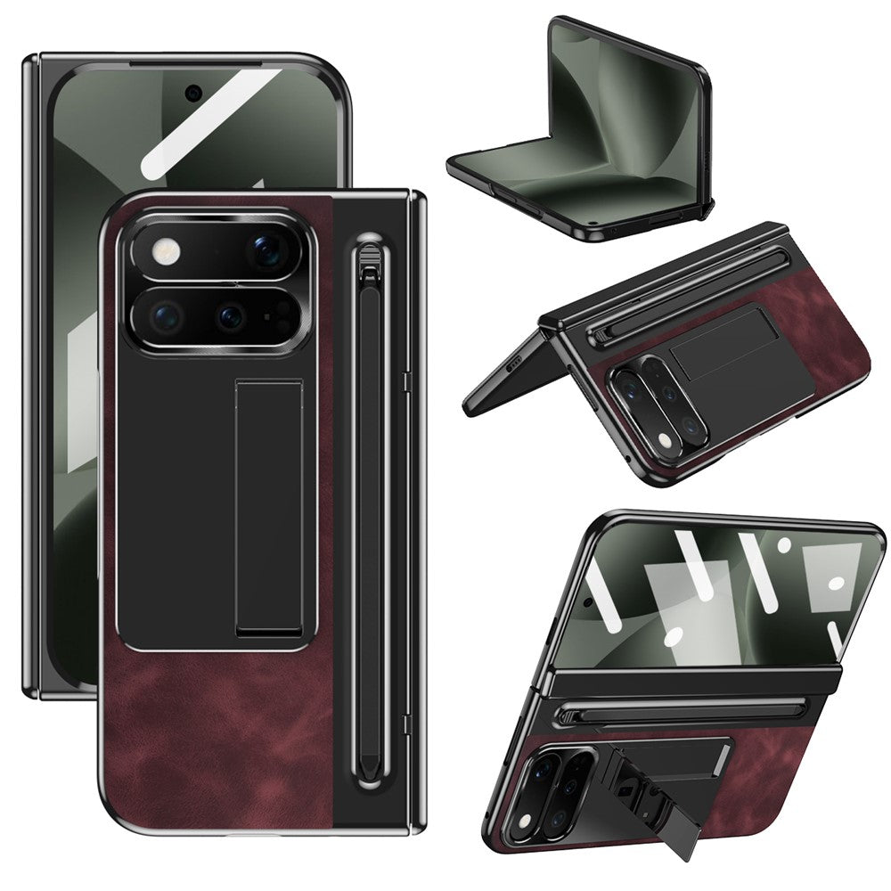For Google Pixel 11 Pro Fold Case Pen Slot Leather + PC Kickstand Phone Cover with Tempered Glass Film, Stylus