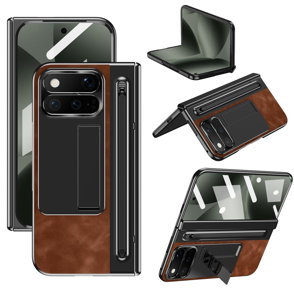 For Google Pixel 11 Pro Fold Case Pen Slot Leather + PC Kickstand Phone Cover with Tempered Glass Film, Stylus