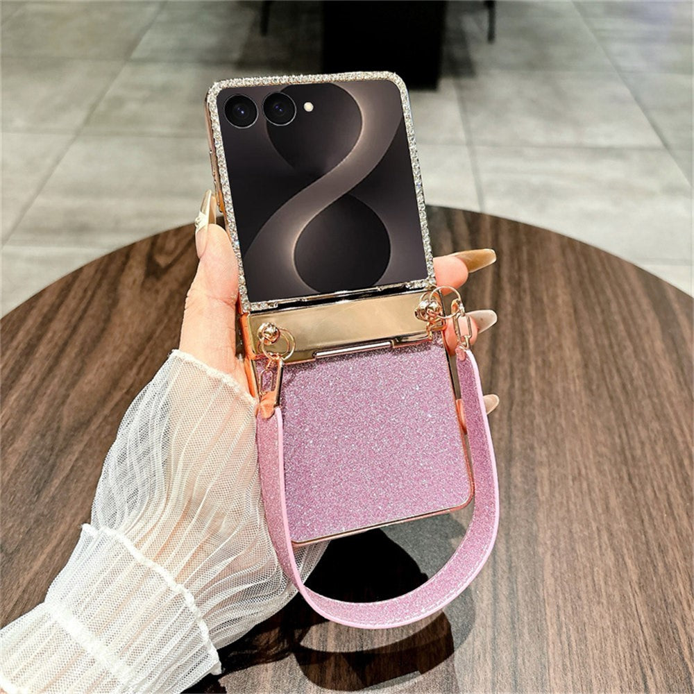 For Samsung Galaxy Z Flip8 Case Glitter PC Phone Cover with Tempered Glass Film / Wrist Strap