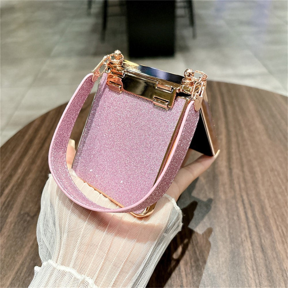 For Samsung Galaxy Z Flip8 Case Glitter PC Phone Cover with Tempered Glass Film / Wrist Strap