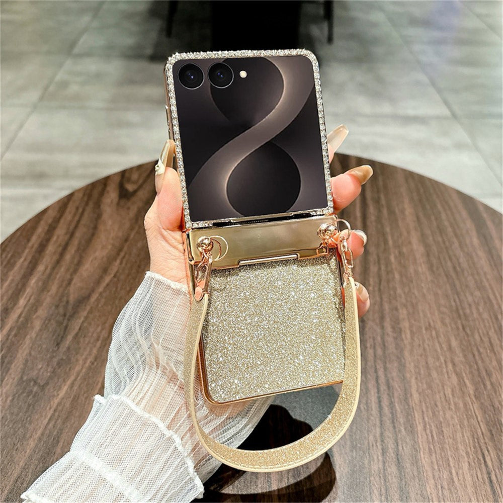For Samsung Galaxy Z Flip8 Case Glitter PC Phone Cover with Tempered Glass Film / Wrist Strap