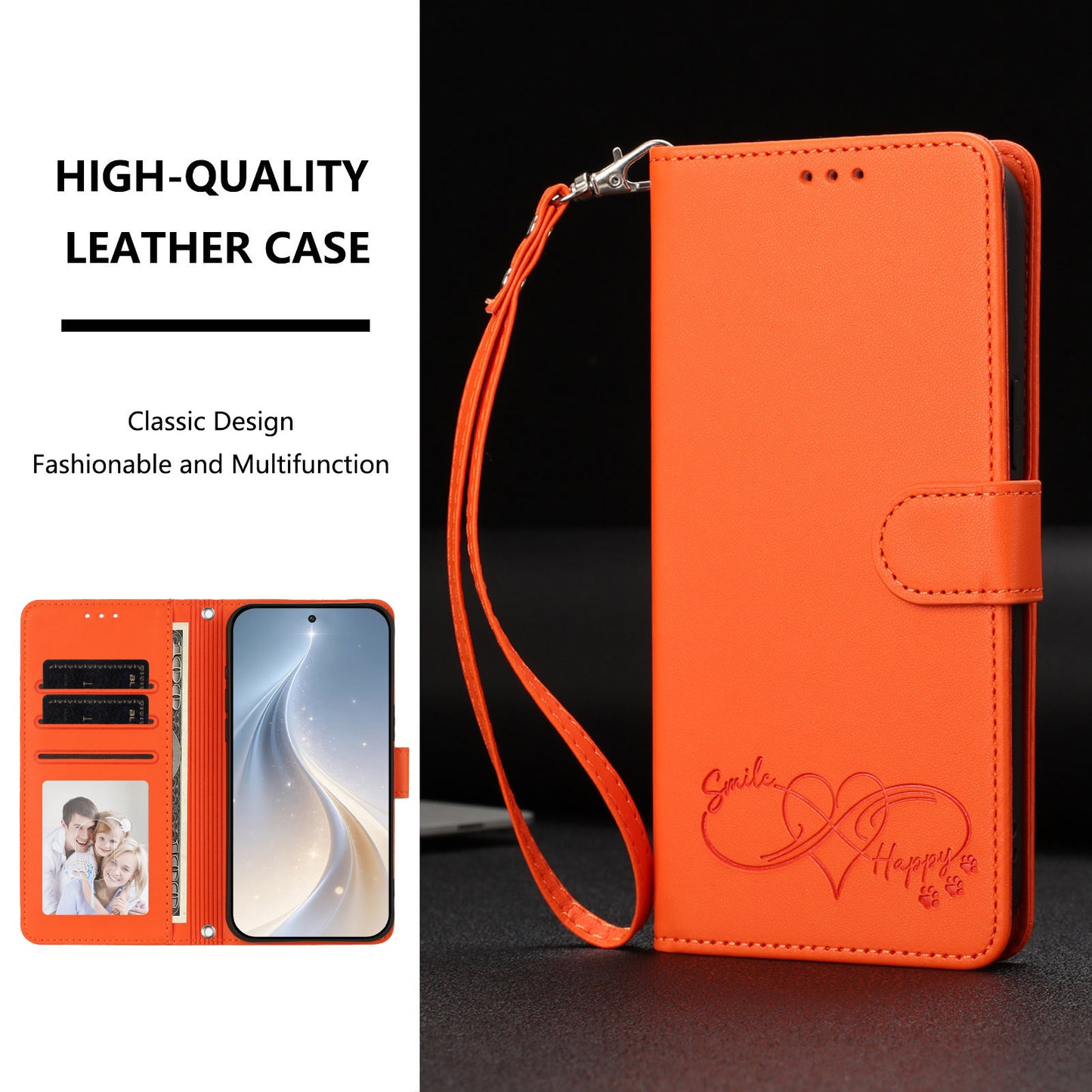For iPhone 18 / iPhone 17 Case PU Leather Heart Pattern Wallet Flip Phone Cover with Hand Strap