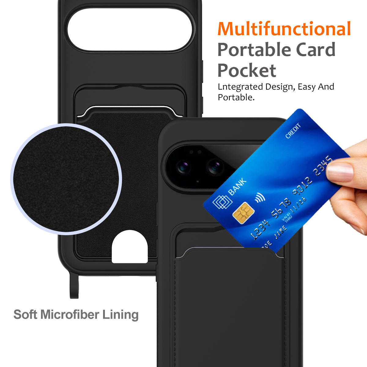 For Google Pixel 11 Pro Case Liquid Silicone Card Holder Back Phone Cover with Lanyard