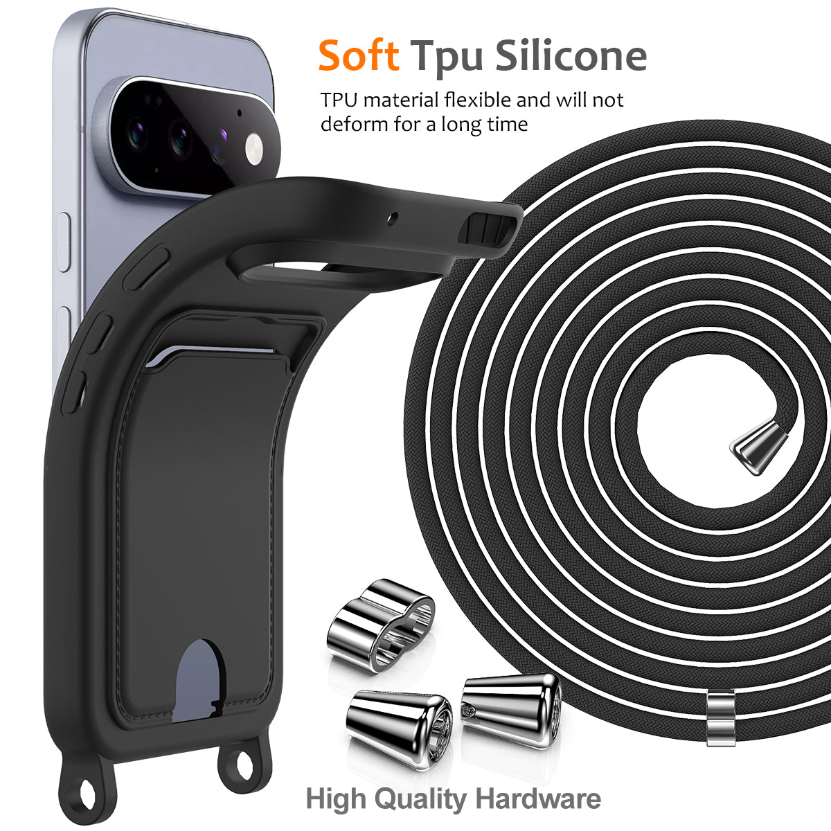 For Google Pixel 11 Pro Case Liquid Silicone Card Holder Back Phone Cover with Lanyard