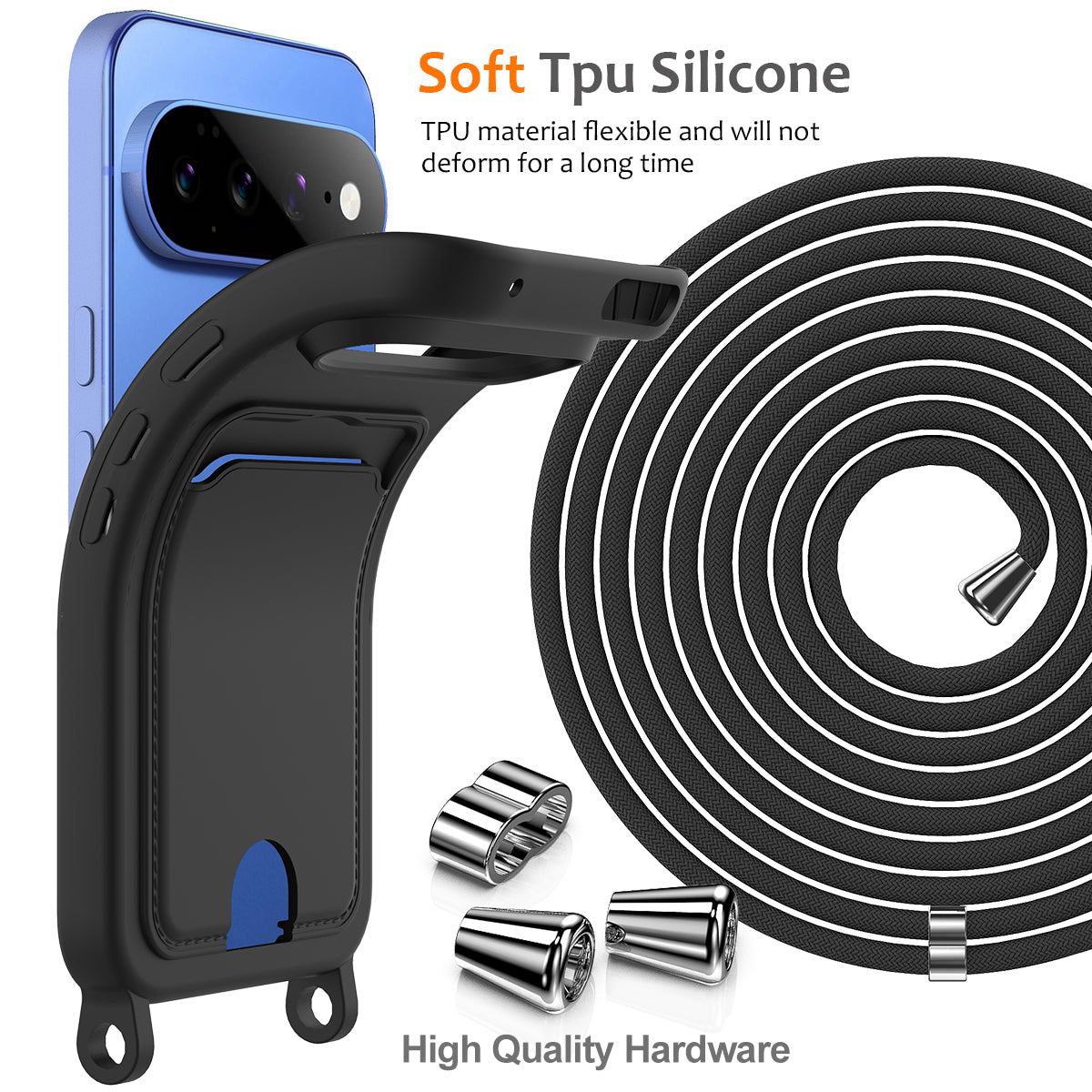 For Google Pixel 11 Case Liquid Silicone Card Holder Back Phone Cover with Lanyard