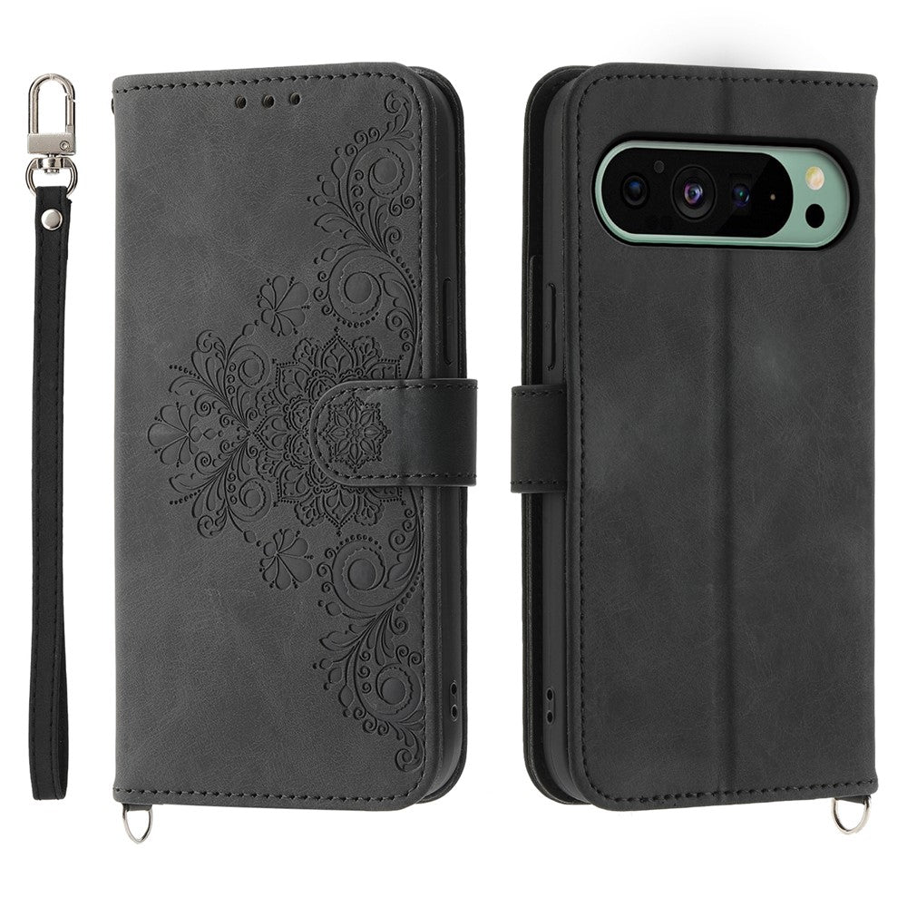 For Google Pixel 11 / Pixel 11 Pro Wallet Case Flower Pattern PU Leather Phone Cover with Strap